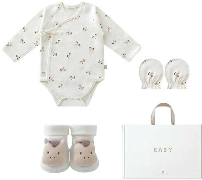 베이비앤아이 배냇슈트 + 인형양말 + 손싸개 + 선물상자 출산 세트, 포니베이지, 1세트