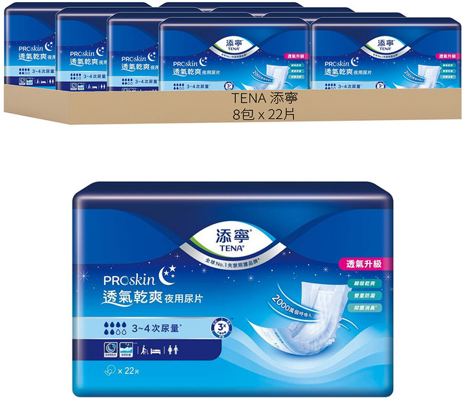 TENA 添寧 透氣乾爽夜用型替換式尿片 需搭配成人紙尿褲, 45cm, 22片, 8包