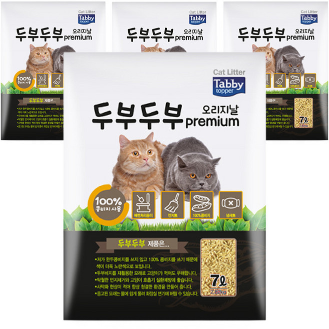 테비토퍼 응고형 두부두부 프리미엄 고양이 모래, 7L, 4개, 오리지날