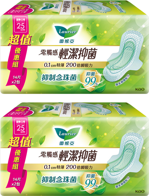 Laurier 蕾妮亞 台灣公司貨 零觸感特薄輕潔抑菌衛生棉 護翼型, 量多日用型(25cm), 28片, 2包