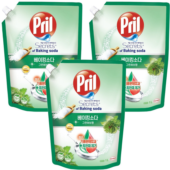 프릴 시크릿 오브 베이킹소다 주방세제 그린허브향 리필, 1L, 3개