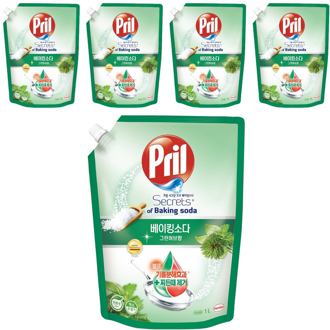 프릴 시크릿 오브 베이킹소다 주방세제 그린허브향 리필, 1L, 5개