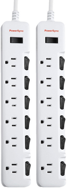 PowerSync 群加 7開6插防雷擊抗搖擺加大間距延長線 TS76B945, 4.5m, 白色, 2條