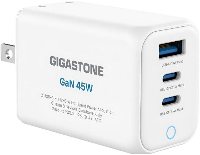 GIGASTONE 立達 45W GaN氮化鎵三孔USB-C快速充電器 PD-7451, 白色, 1個