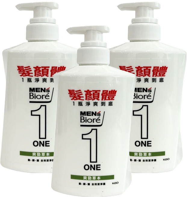MEN's Biore ONE 髮顏體全效潔淨露 爽勁草本 480ml, 3瓶