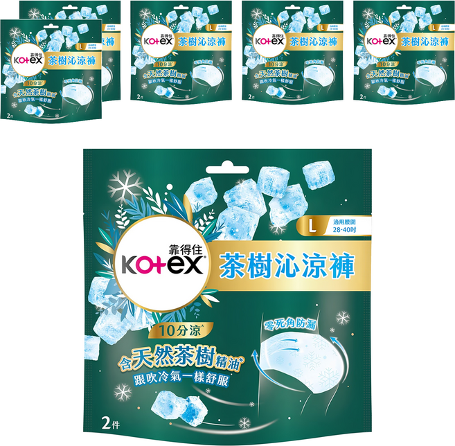 Kotex 靠得住 茶樹沁涼褲 褲型衛生棉, L 28~40吋, 2片, 6包