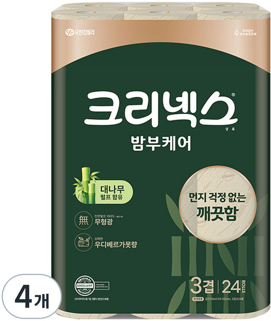 크리넥스 3겹 밤부케어 화장지, 25m, 24개입, 4개