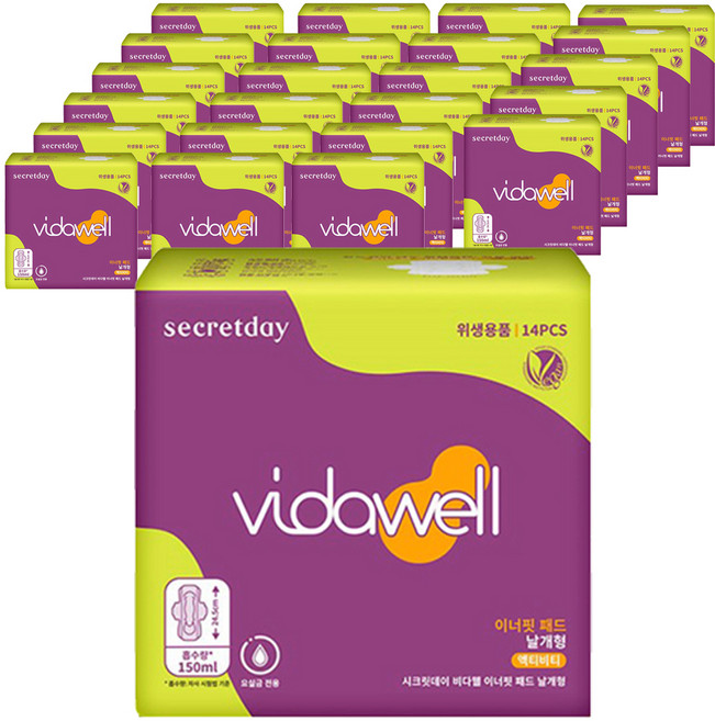 [비건라이프] 비다웰 시크릿데이 비다웰 이너핏 요실금 패드 날개형 성인기저귀, 14개입, 24개