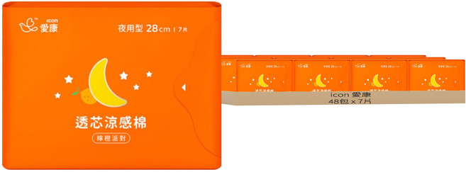 icon 愛康 透芯涼感衛生棉 檸橙派對 夜用型, 28cm, 7片, 48包