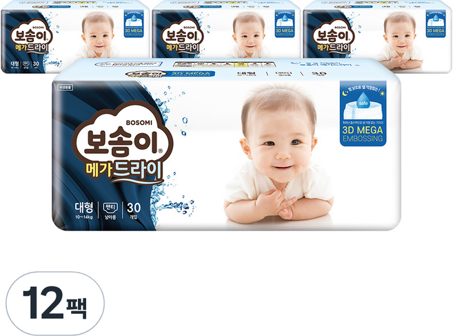보솜이 메가드라이 팬티형 기저귀 남아용, 대형(L), 360매