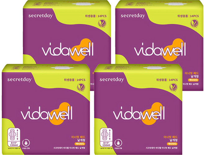 [비건라이프] 비다웰 시크릿데이 요실금 이너핏 패드 날개형 성인기저귀, 14매입, 4개