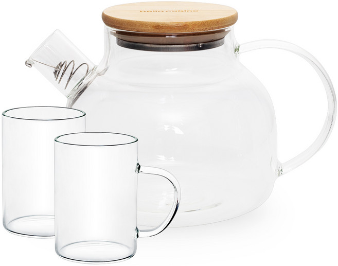 벨라쿠진 우드커버 글라스 티팟 + 찻잔 2p 세트, 혼합색상, 1L, 1개