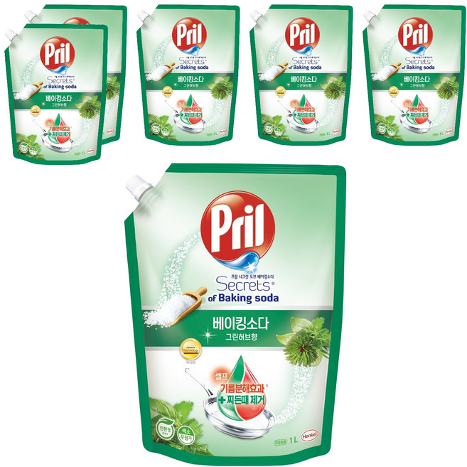 프릴 시크릿 오브 베이킹소다 주방세제 그린허브향 리필, 1L, 6개