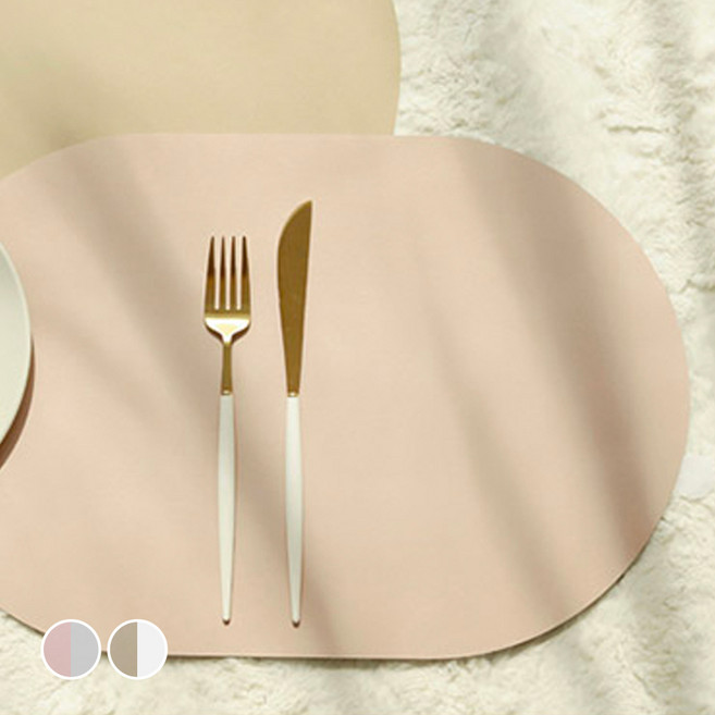 FENICE PU 투톤컬러 식탁매트 타원형, 인디핑크 + 그레이, 460 x 300mm, 1개