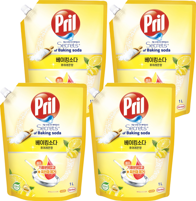 프릴 시크릿오브 베이킹소다 퓨어레몬향 리필, 1L, 4개