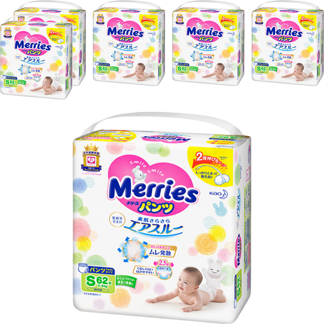 Merries 妙而舒 日本境內版 金緻柔點透氣褲型尿布 4~8kg, S, 372片