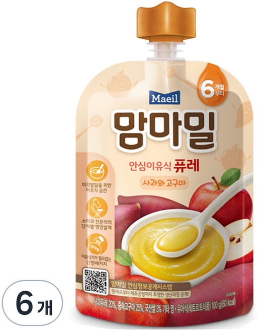 맘마밀 안심 이유식 퓨레 6개월부터, 100g, 6개, 사과와 고구마