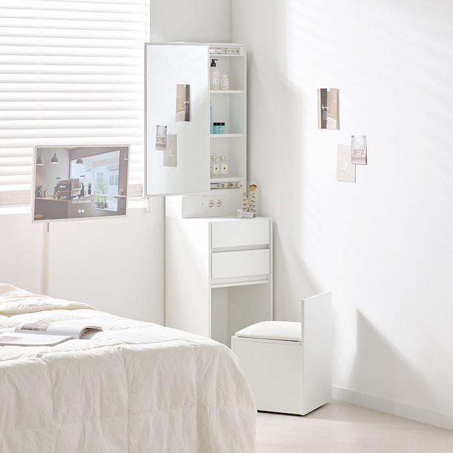 채움가구 로이미니 틈새수납 거울 화장대 + 스툴 세트 방문설치, 좌형화이트