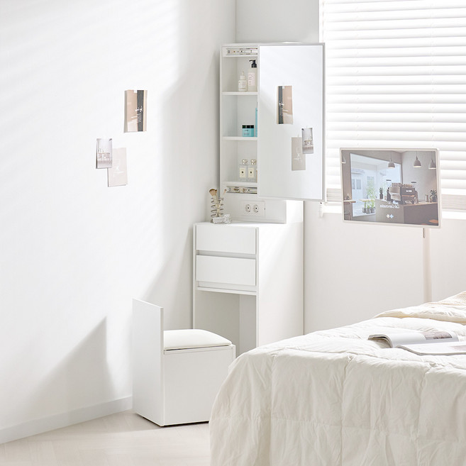 채움가구 로이미니 틈새수납 거울 화장대 + 스툴 세트 방문설치, 우형화이트
