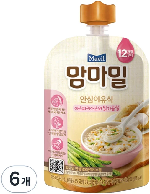 맘마밀 안심 이유식 12개월부터, 아스파라거스와 닭가슴살, 100g, 6개 - 쿠팡