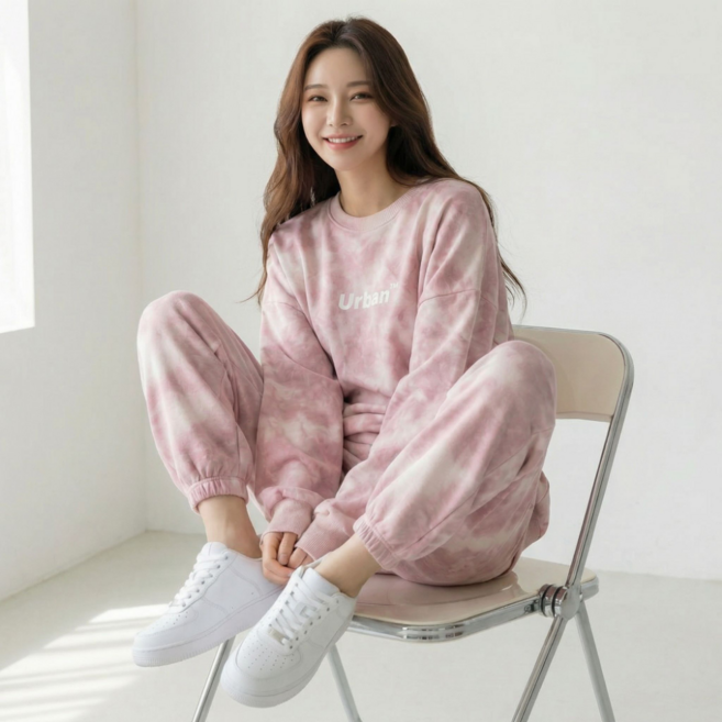 구디프 여성용 어반 나염 루즈핏 긴팔 상의 + 트레이닝 팬츠 세트