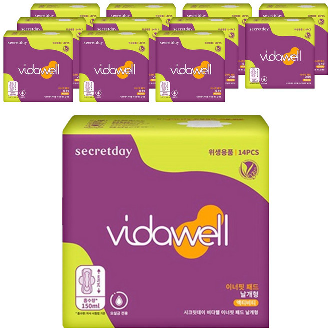 [비건라이프] 비다웰 시크릿데이 비다웰 이너핏 요실금 패드 날개형 성인기저귀, 14개입, 12개