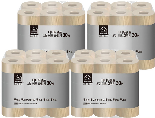 하우스클래스 대나무펄프 3겹 데코 고급 롤화장지, 30m, 18개입, 4개