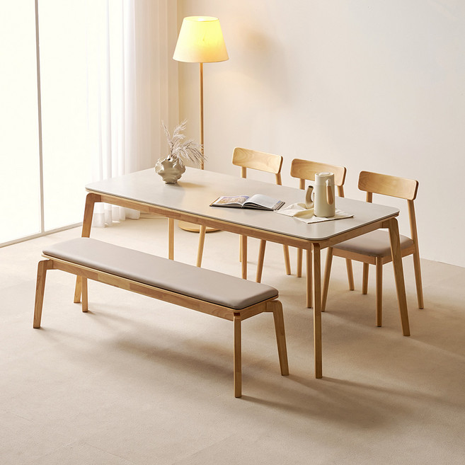 헬로까사 1800 통세라믹 다이닝 원목식탁 + 의자 + 벤치 세트 6인용 방문설치, 내추럴, 일반 3 + 벤치 1