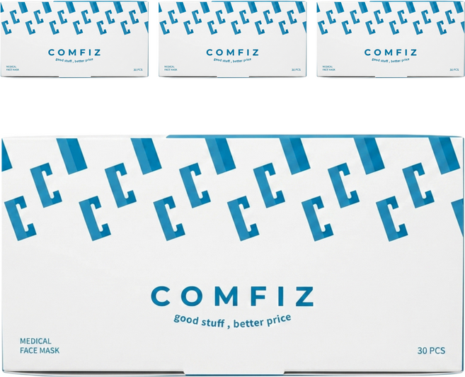 Comfiz 康菲 平面醫療口罩 17.5 x 9.5cm, 30片, 4盒, 青煙藍