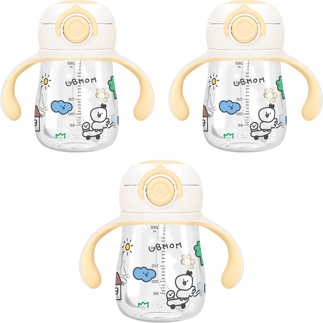 유비맘 트라이탄 데일리 원터치 빨대컵, 260ml, 3개, 옐로우