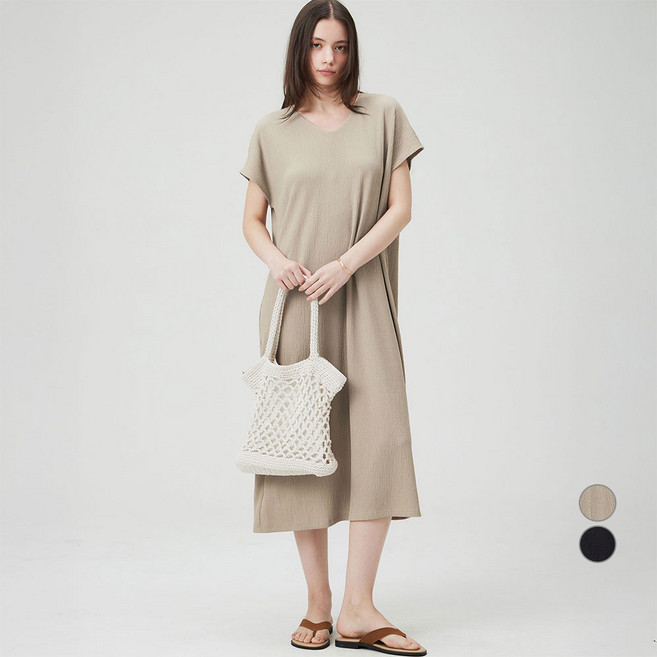 ELLEPARIS 여성용 주름가공 여름니트 이지핏 브이넥 롱 원피스