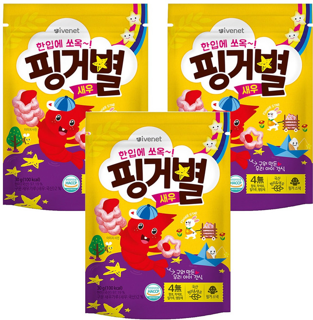 아이배냇 아동용 핑거별 쌀과자, 새우맛, 30g, 3개