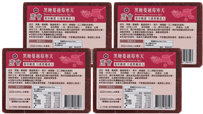 蔗會 黑糖蔓越莓寒天, 300g, 4個, 1個裝