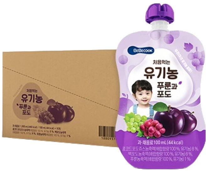 베베쿡 처음먹는 유기농 야채주스, 푸룬과 포도, 100ml, 10개 - 쿠팡