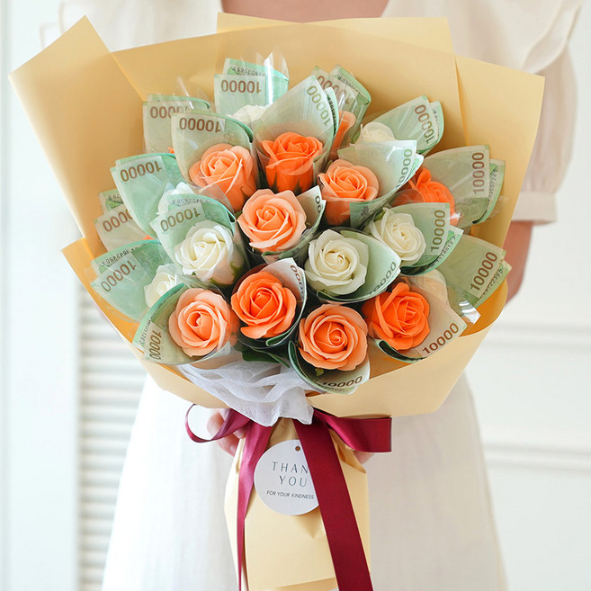 뷰티풀데코센스 조화 비누꽃 돈 꽃다발 20송이 + 쇼핑백 세트, 피치믹스, 1개