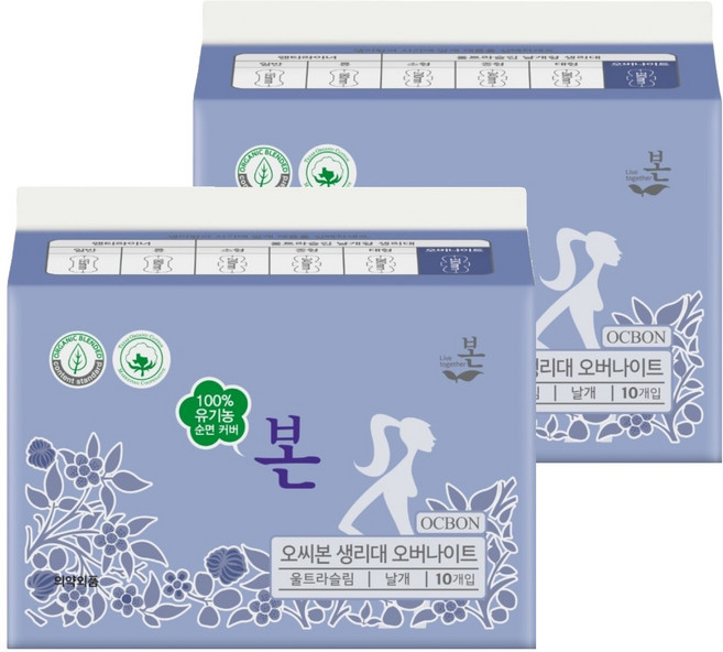 유기농본 순면커버 울트라슬림 생리대 날개형, 오버나이트, 10개입, 2개
