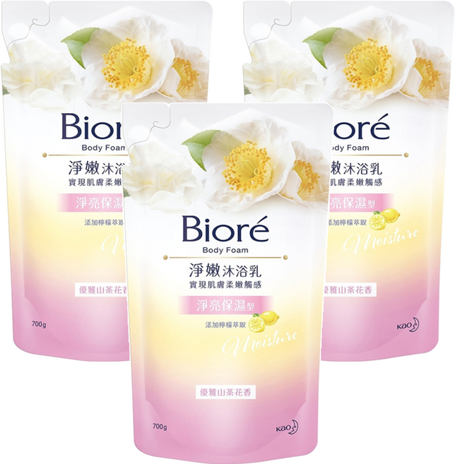 Biore 蜜妮 台灣公司貨 淨嫩沐浴乳 優雅山茶花香 淨亮保濕型 補充包, 700g, 3包