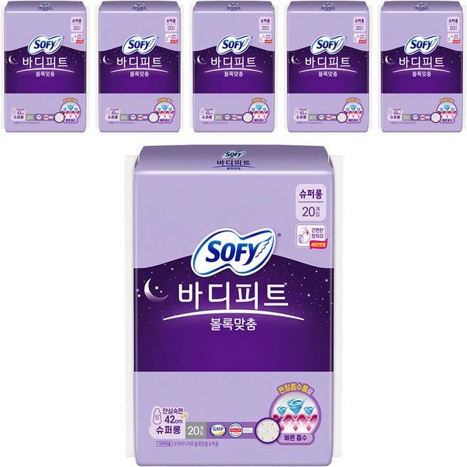 쏘피 바디피트 볼록맞춤 생리대 날개형, 슈퍼롱, 20개입, 6개
