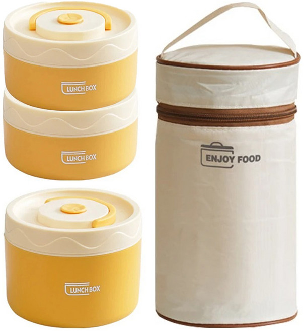 Couselect 可微波爐加熱陶瓷飯盒 115 x 115 x 215mm 300ml 2個 + 450ml 附保溫袋, 檸檬黃, 1組