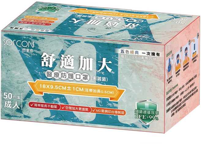 SOFCON 舒膚康 崇淮舒適加大醫用口罩 未滅菌, 海軍藍 + 礦石灰 + 莫蘭迪藍 + 燕麥奶 + 曜石黑, 50片, 1盒