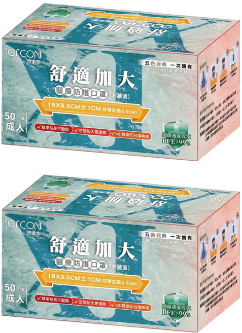 SOFCON 舒膚康 崇淮舒適加大醫用口罩 未滅菌, 海軍藍 + 礦石灰 + 莫蘭迪藍 + 燕麥奶 + 曜石黑, 50片, 2盒