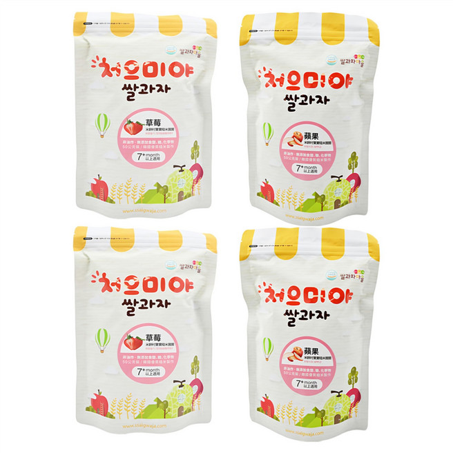 Ssalgwaja 米餅村 寶寶糙米圈圈 7個月以上適用, 蘋果 + 草莓, 50g, 4包