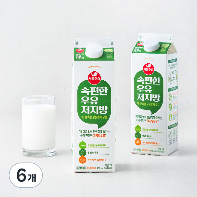 서울우유 속편한 우유 저지방, 900ml, 6개