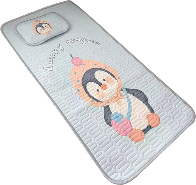 兒童冰絲乳膠涼墊 附同款乳膠枕套, 小企鵝 藍色, 1個