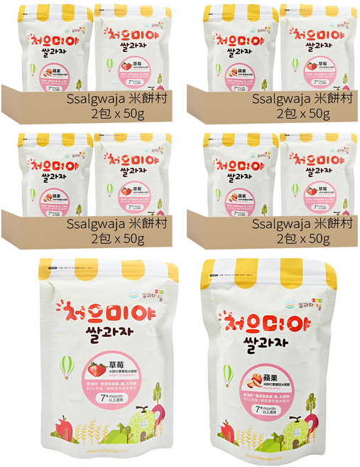 Ssalgwaja 米餅村 寶寶糙米圈圈 7個月以上適用, 蘋果 + 草莓, 50g, 8包