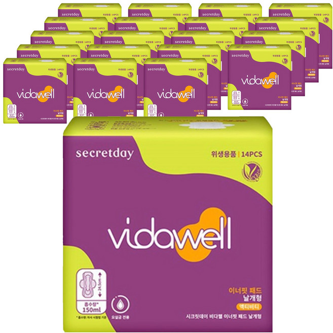 [비건라이프] 비다웰 시크릿데이 비다웰 이너핏 요실금 패드 날개형 성인기저귀, 14개입, 20개