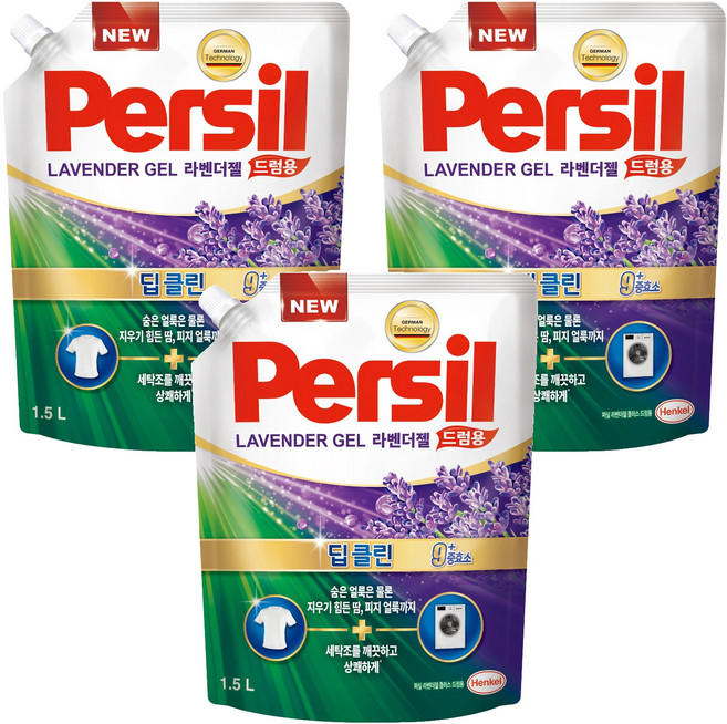 퍼실 딥클린 라벤더젤 플러스 드럼용 액상세제 라벤더 코튼향 리필, 1.5L, 1개입, 3개