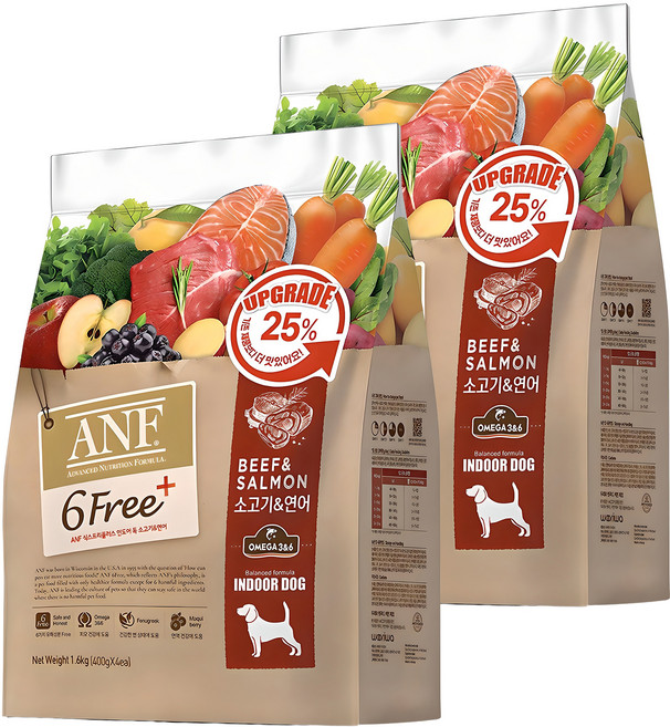 ANF 전연령 식스프리 플러스 인도어 독 건식사료, 소+연어, 1.6kg, 2개