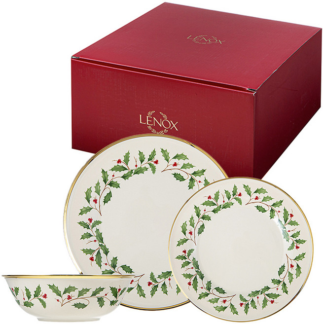 레녹스 홀리데이 쓰리피스 플레이스 셋팅 3pcs, 1세트, 메인 큰 접시 + 샐러드 플레이트 + 볼, 혼합색상