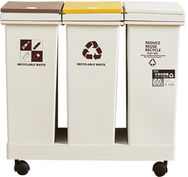 FAmILyLIFE 生活 60公升附輪彈蓋三槽分類垃圾桶, 白色 + 黃色 + 棕色